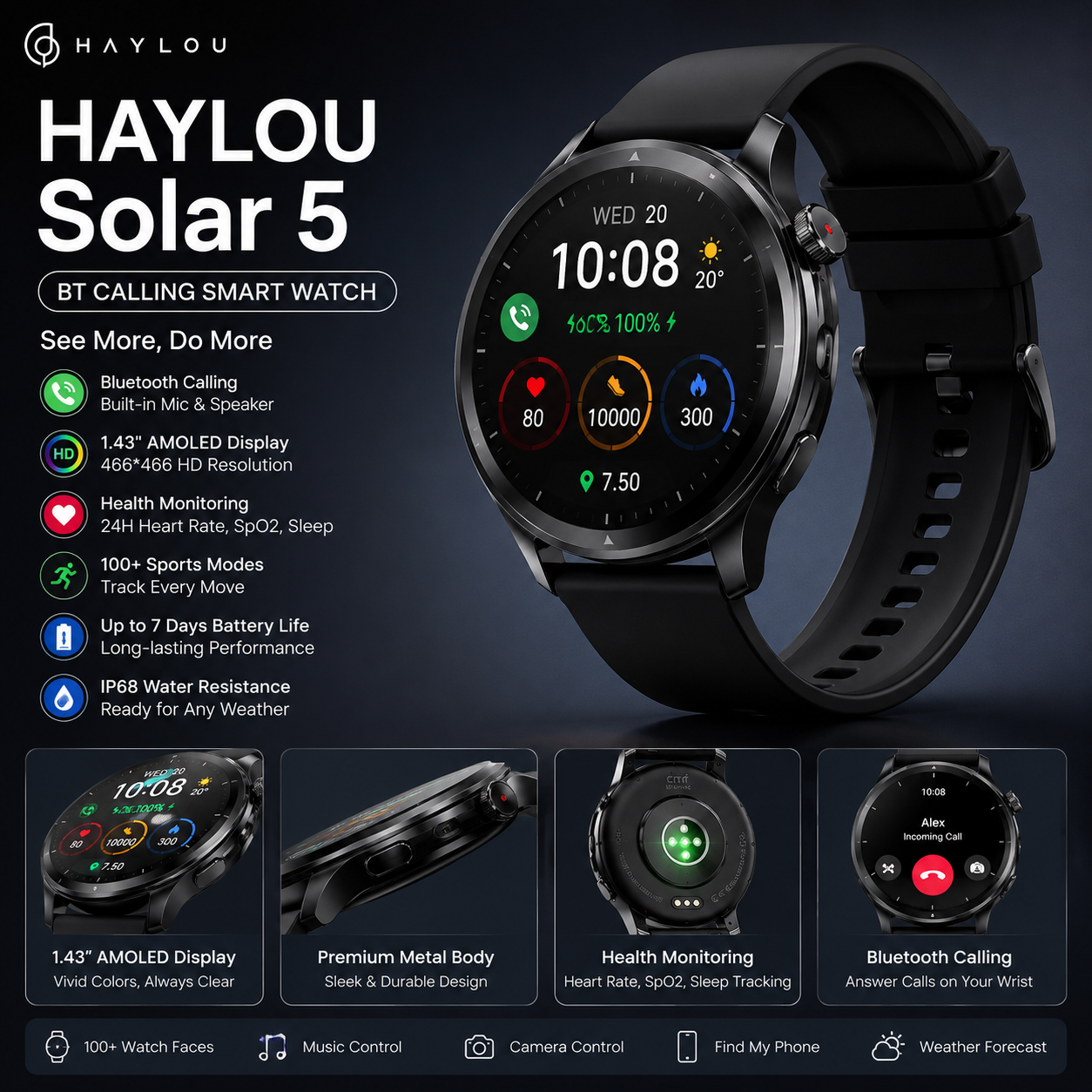 Haylou Solar 5 BT Calling Smart watch – Black