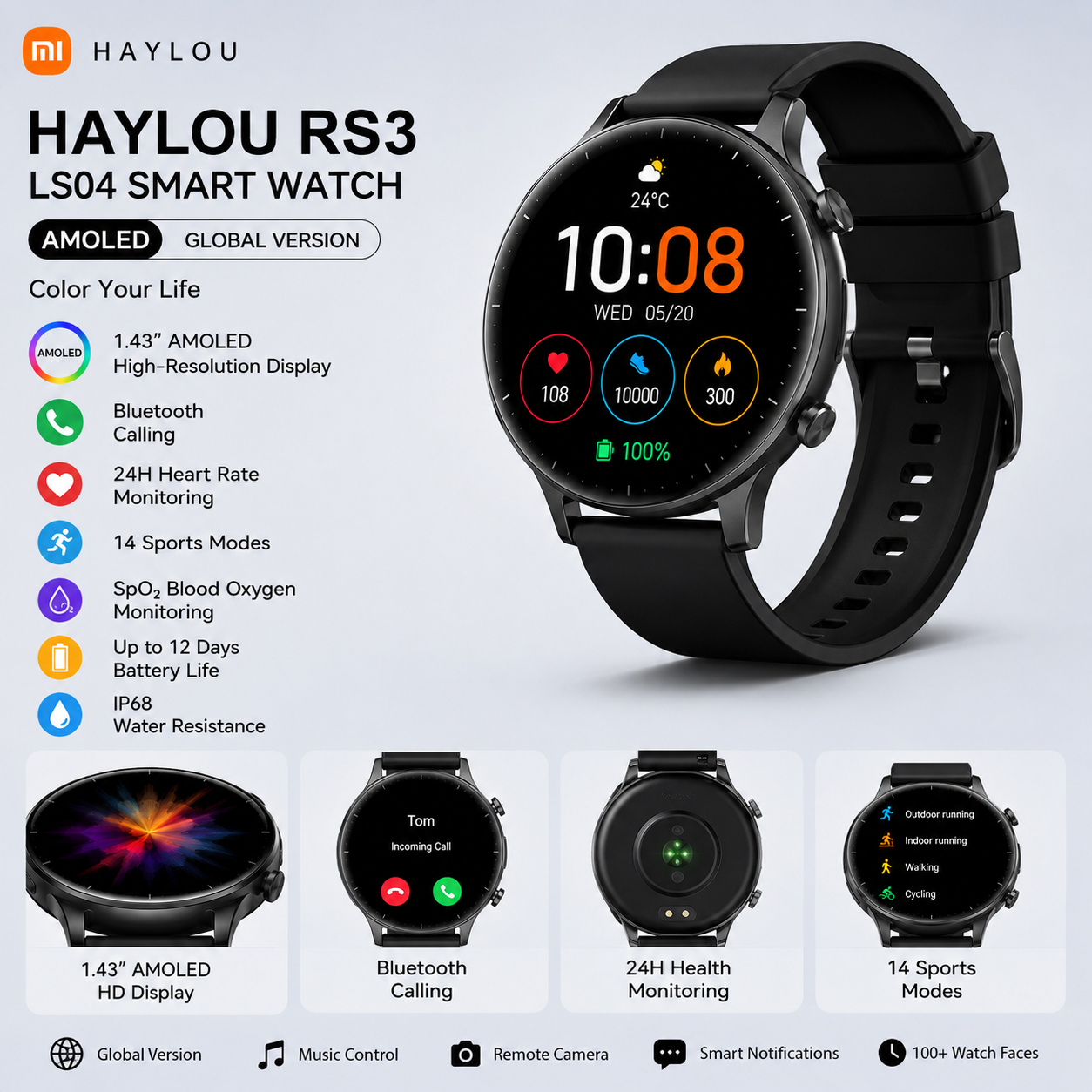 Xiaomi Haylou RS3 LS04 Smart Watch (AMOLED Screen, 14 Sports Modes, Global Version)