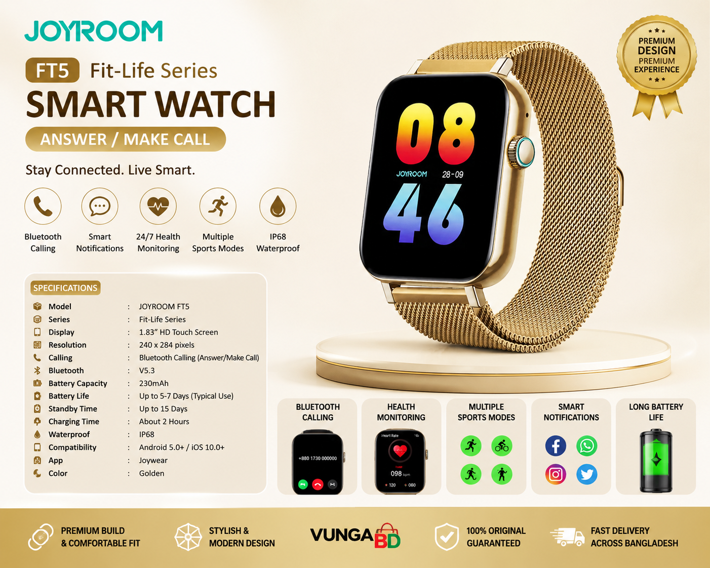 JOYROOM FT5 Fit-Life Series Smart Watch (Answer/Make Call) – Golden Color