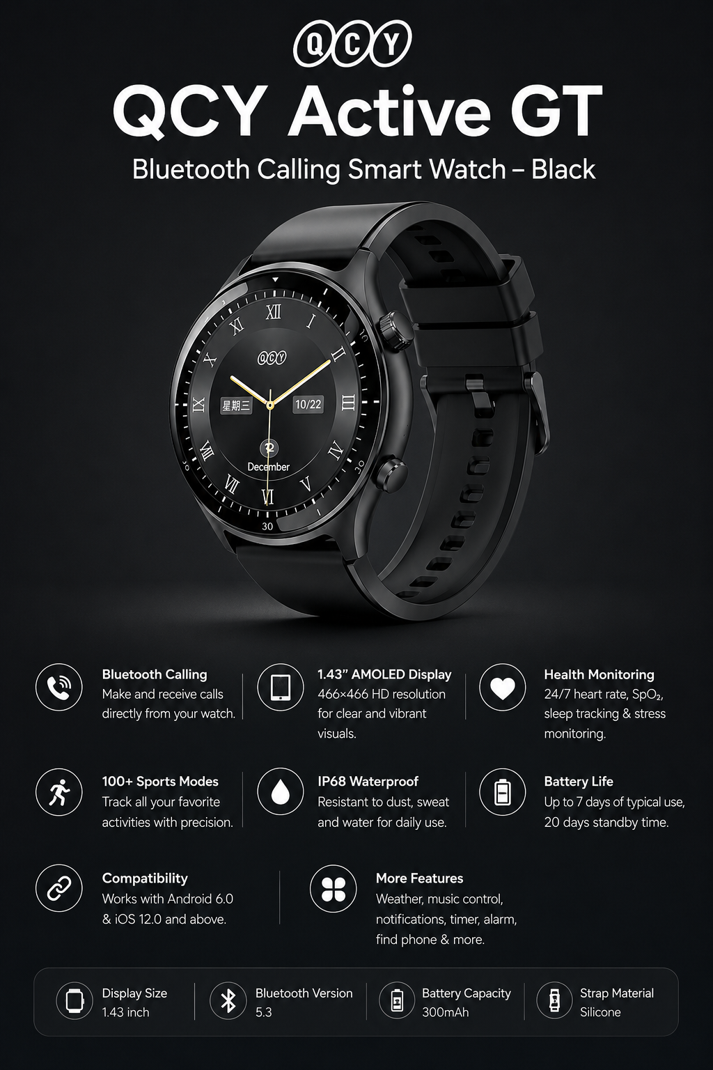 QCY Active GT Bluetooth Calling Smart Watch – Black