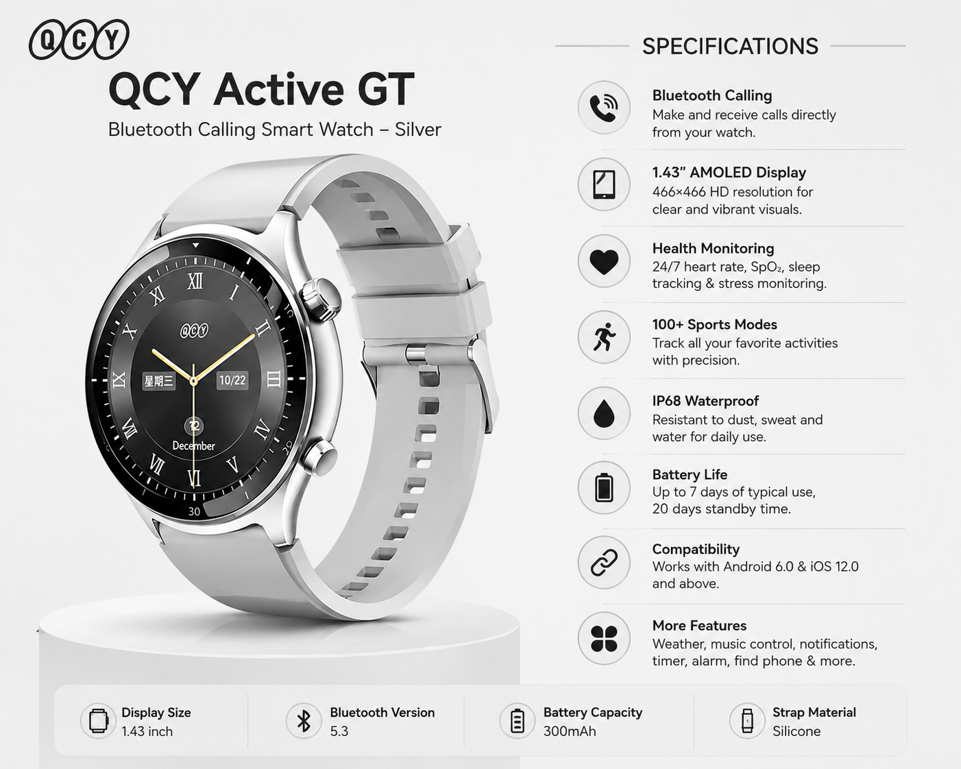 QCY Active GT Bluetooth Calling Smart Watch – Silver